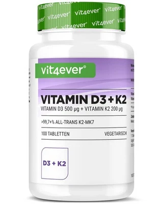 VIT4EVER Vitamin D3 20.000 I.E. + Vitamin K2 200mcg 100 Tabletten MK-7 Menachinon-7 IE IU