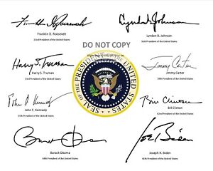PRESIDENTIAL SEAL WITH SIGNATURES OF THE LAST 8 DEMOCRATIC PRESIDENTS 8X10 PHOTO