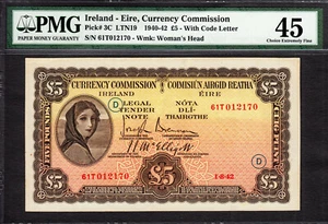 Ireland 1942 Lady Lavery £5 WAR Code (D) Pick-3C Extremely Fine PMG 45 - Picture 1 of 2