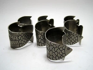 Fish Pewter Napkin Rings Set of 7 Embossed Curved Metal - Picture 1 of 3