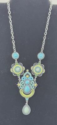 Silver Tone Statement Necklace Blue Yellow Enamel Bead Green Teardrop Retro Boho - Image 1 of 4