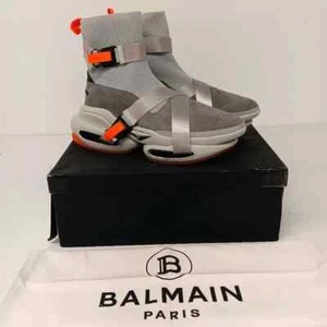 Balmain Men's B Bold Strap Grey/Orange Knit/Suede High-Top Sneakers - EU45/US12 - Picture 1 of 15