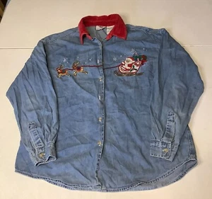 VTG Nutcracker Christmas Denim Shirt Womens Sz M Long Sleeve Embroidered Santa - Picture 1 of 7