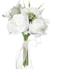 13 Inch Wedding Bouquet with Pearl Chains Ribbons, Artificial Rose Flower for Br