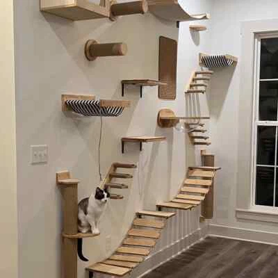 Cat Tree Wall Mounted Climbing Wooden Shelves Posts Ladders With Hammock/Bridges - Image 1 of 4