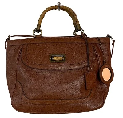 Koret Brown Faux Tooled Leather Shoulder Hand Bag Faux Bamboo Top Handles Large - Image 1 of 4