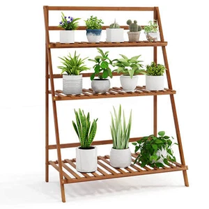 3 Tier Folding Shelf Stand Bamboo Flower Pot Display Storage Rack Bookcase - Picture 1 of 8