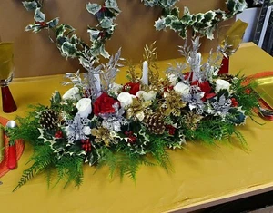 Artificial Flowers Christmas Table Centerpiece Poinsettia Rose Berries Holly Ivy - Picture 1 of 12