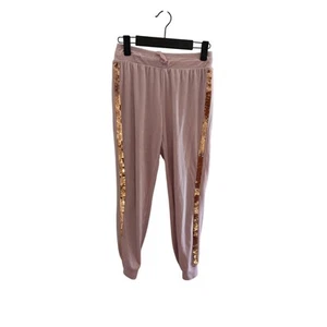 More Than Magic Girls L 10-12 Pale Pink Velour Jogger Pants Gold Sequin Stripe - Picture 1 of 7