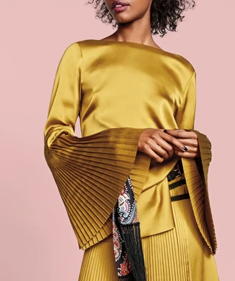 Banana Republic x Olivia Palermo Pleated Bell Sleeve Satin Blouse Gold Sz XL EUC - Image 1 of 4