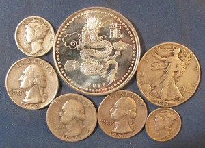 LOT 6 US SILVER COINS  & 1 OZ 999 SILVER YEAR OF THE DRAGON ROUND 2 1964 HALF $ - Picture 1 of 3
