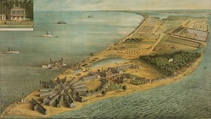 Point Lookout, MD 1864. Hospital de la Guerra Civil y campamento de prisioneros de guerra; faro. Impresiones artísticas. - Imagen 1 de 2