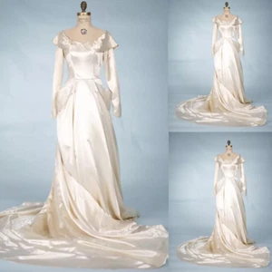 Vintage Wedding Dresses Light Champagne Sweep Train Long Sleeves Bridal Gowns - Picture 1 of 4