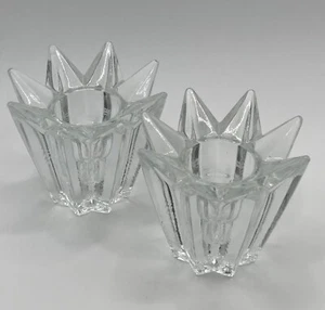 Juego de 2 candelabros de pilar Art Deco de vidrio transparente estrella puntiaguda de colección - Imagen 1 de 5
