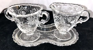 Vintage Fostoria Creamer & Sugar with Tray Heather Etching EUC - Picture 1 of 14