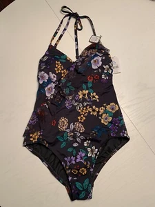 NWT Time and Tru Women's One Piece Swimsuit Sz M Floral Ruffle Halter Full Cover - Picture 1 of 9