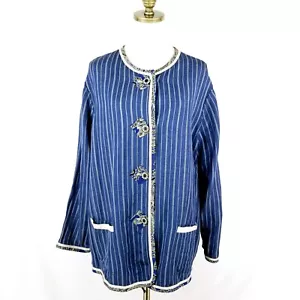 Koos of Course Reversible Linen Blend Jacket Plus Size 1X Blue Striped / Tan - Picture 1 of 12