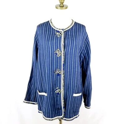 Koos of Course Reversible Linen Blend Jacket Plus Size 1X Blue Striped / Tan - Image 1 of 4