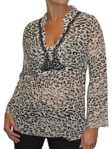 Womens Chiffon Tunic Top Animal Print Black Cream V Neck Blouse Size 10 - Picture 1 of 4