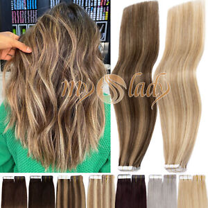 MYLADY Thick Tape In Remy Human Hair Extensions Full Head Skin Weft Highlight US