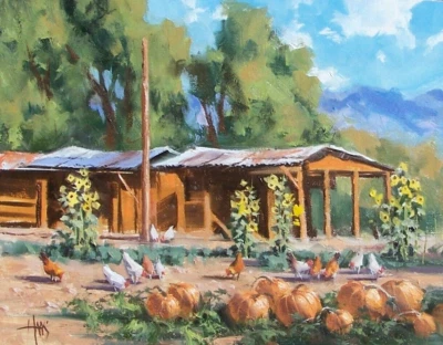 TOM HAAS painting 'Free Range' oil 11"x14" Western farm ranch pumpkins chickens - Image 1 of 2