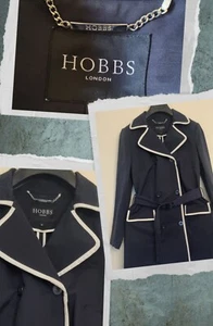 Hobbs Ladies Size 12 Cotton Nylon Mix Dark Blue + White Trim Belted Raincoat Mac - Picture 1 of 14