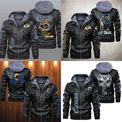 Los Angeles Rams Men's Vintage Leather Jacket Flight Bomber Hooded Coat Outwear Cover