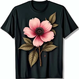 Elegant Black T-Shirt with Intricate Pink Flower Chest Graphic for Any Occasion - Picture 1 of 5