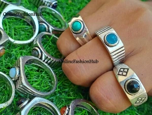 Turquoise & Mix Gemstone 925 Sterling Silver Plated Wholesale Lot men's Rings - Picture 1 of 3