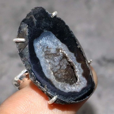 Black Botswana Druzy Slice 925 Silver Plated Ring US 6 Elegant Gift JW - Image 1 of 3