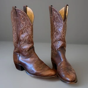 Vintage JUSTIN Cowboy Boots Mens 9.5D Chocolate Brown Goat Leather Embroidered - Picture 1 of 18