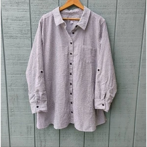 Denim and Co. Seersucker Striped Stretch Button Down Top sz 3X Gray White - Picture 1 of 10