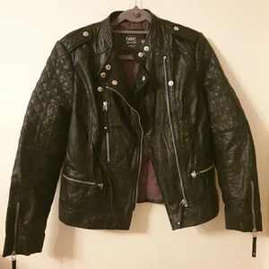 Next Leather Jacket Size 12 Real Biker Zip 100% Genuine Womens Eur 40 Black - Picture 1 of 11