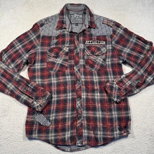 Y2K Affliction Men's Flannel Shirt Red Plaid Distressed Patches Size M - Picture 1 of 8