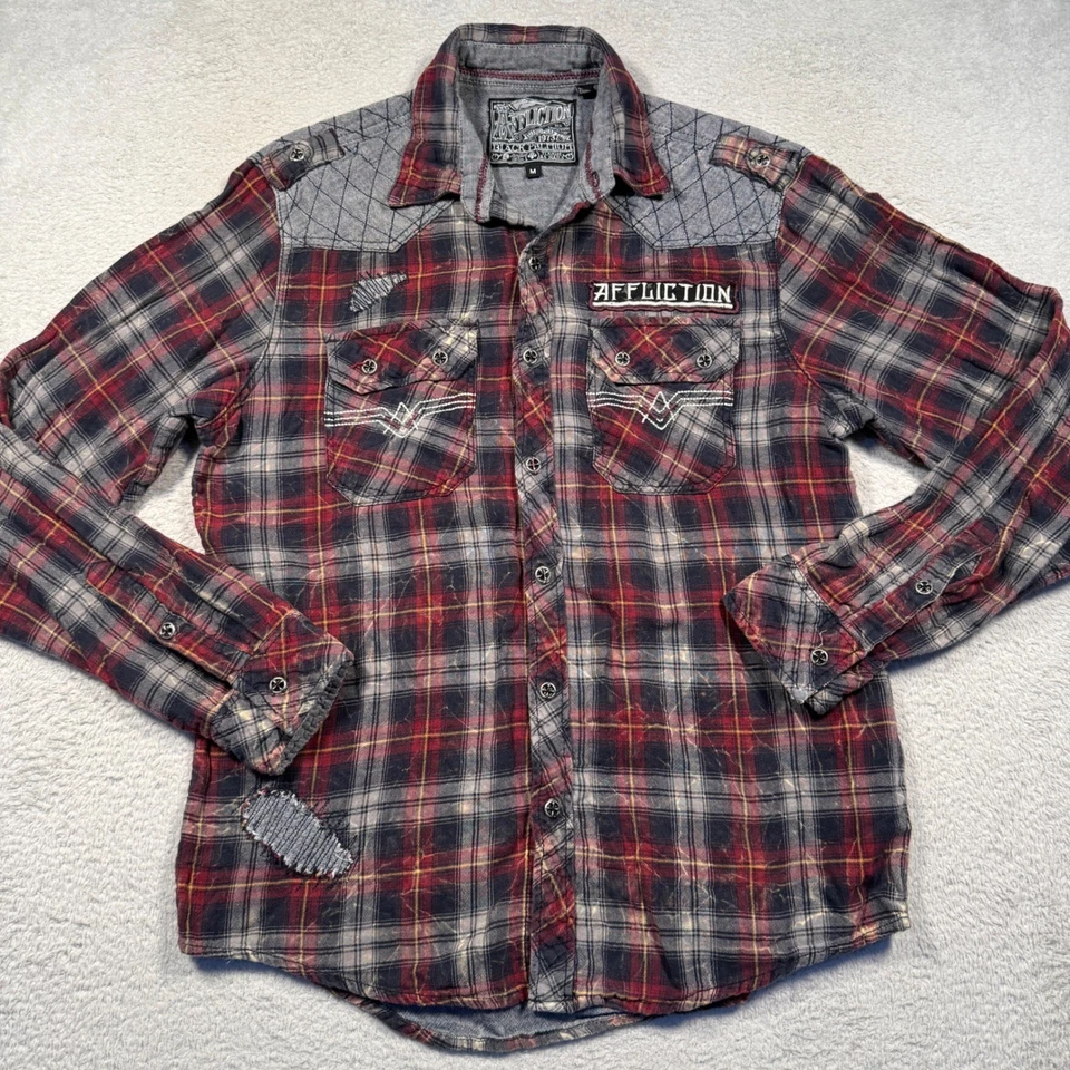 Y2K Affliction Men's Flannel Shirt Red Plaid Distressed Patches Size M - Image 1 of 4