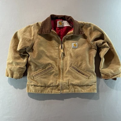 Carhartt Youth Size 4 Duck Canvas Work Jacket Red Quilted Lining Corduroy Collar - Image 1 of 4