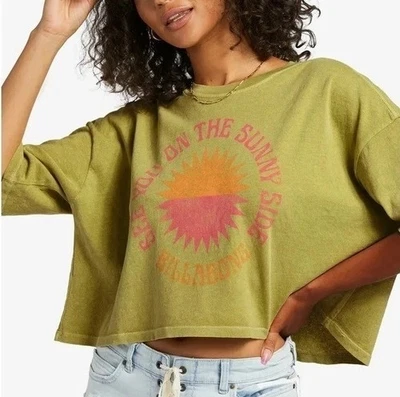 BILLABONG Crop Top Graphic Tee S Olive Green Hand Dyed Sunny Side 100% Cotton - Image 1 of 4