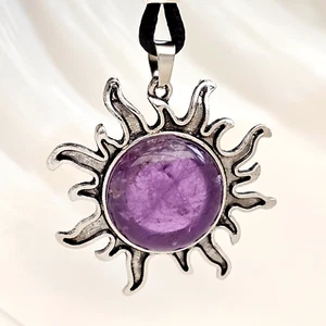 Amethyst Sun Pendant Gemstone Purple Crystal Healing Chakra Tie Cord Necklace - Picture 1 of 17