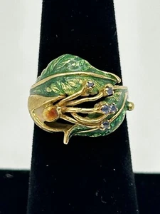 18K Yellow Gold Vintage Leaf Enamel Italian Ring Size 5.25 - Picture 1 of 16