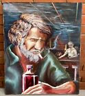 Vintage Man In Bar Drinking Alcohol Oil Painting Modern Art Wall Hanging Signed