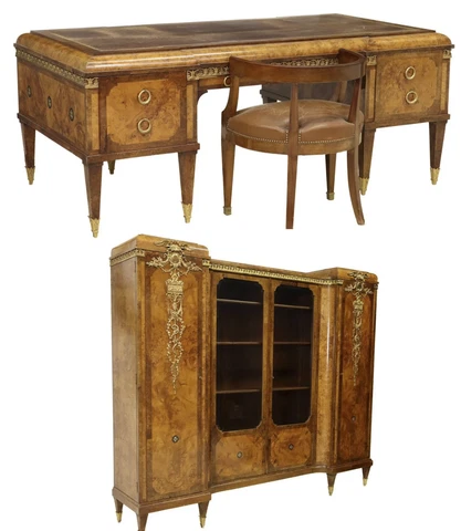 Antique Desk, Office Suite, French Oromlu-Mounted Burlwood, 3-Piece Set, 1800's! Cover