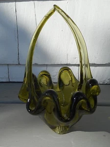 Cesta de vidrio elástico soplado a mano vintage mesa con volantes centro de mesa cuenco verde - Imagen 1 de 12