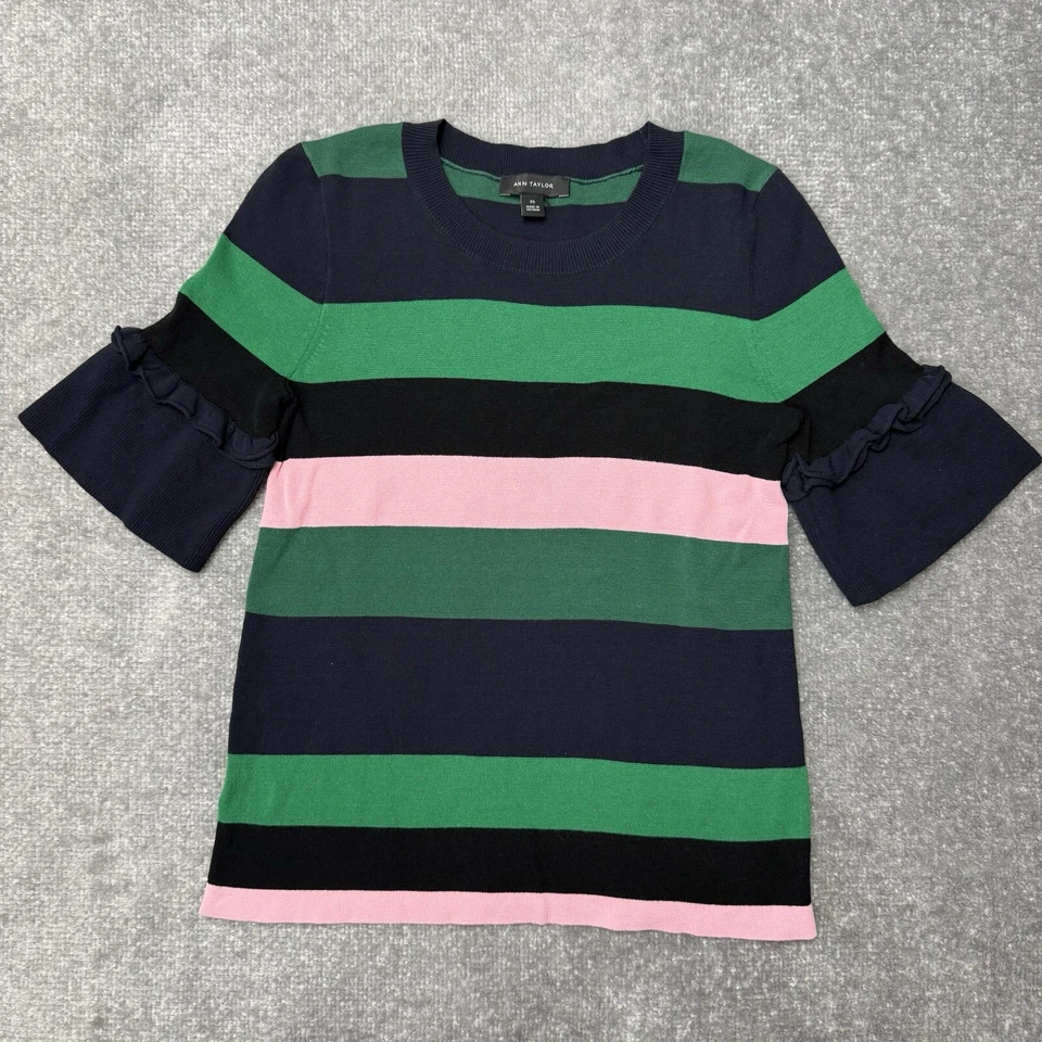 Suéter Ann Taylor Para Mujer XS Verde Negro Azul Rosa Manga Volantes Preppy Tejido Top Foto 1 de 4