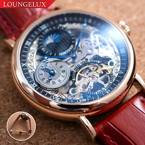 Mens Dual Time Skeleton Automatic Mechanical Watch Relojes Rose Gold Red Leather - Picture 1 of 12