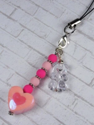 Oso de Goma Corazón Hecho a Mano Teléfono Celular Dije Cordón Correa Rosa Transparente Nuevo Foto 1 de 3