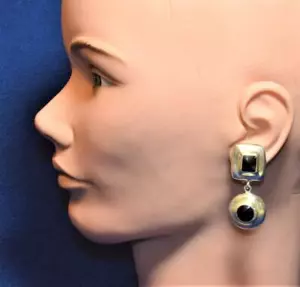 Vtg Stamped 925 MEXICO Sterling Silver Dangle Black Onyx Clip-On Earrings 21.14g - Picture 1 of 4