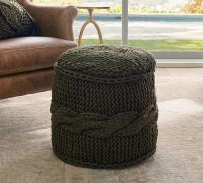 Set Of 2 NEW Pottery Barn Colossal Knit Pouf Seat Footrest Slipcover~Olive Green - Image 1 of 4