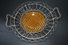 Antique Victorian Wirewear Wire Basket w/ Amber Pressed Glass Insert Egg Fruit