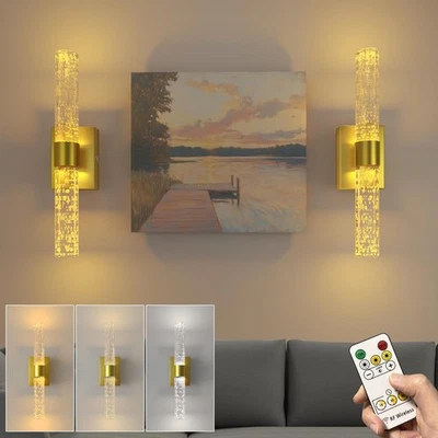 Juego de 2 apliques de pared LED de cristal a pilas, batería recargable dorada... Foto 1 de 4