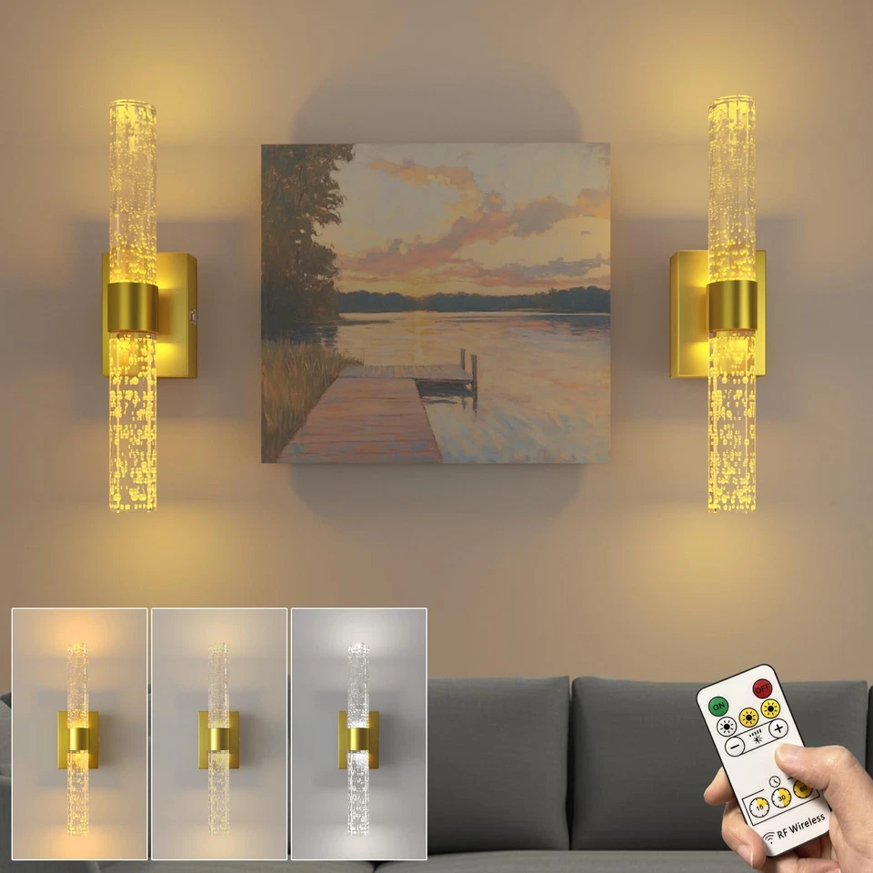 Juego de 2 apliques de pared LED de cristal a pilas, batería recargable dorada... Foto 1 de 4